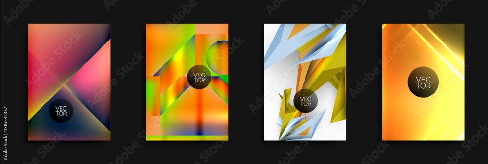 Aufkleber Four abstract vector backgrounds. Vibrant colors, geometric shapes, dynamic compositions. Each design features vector text within circle. Modern, stylish visuals.