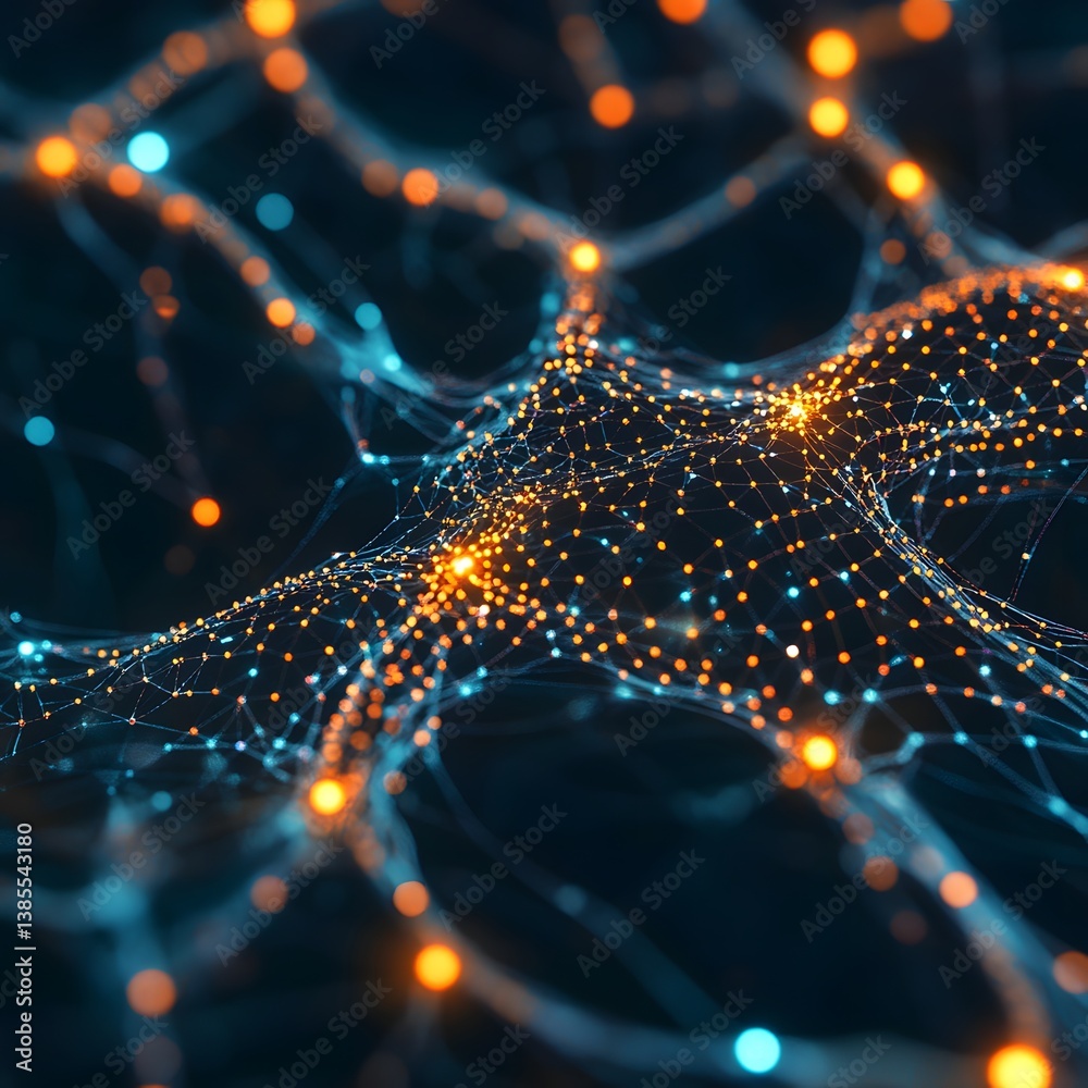 Poster neural network visualization with interconnected nodes and data flow