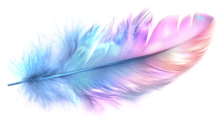 Obraz premium Colorful Iridescent Feather Displaying Blue and Pink Hues on a White Background