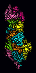 Albania word cloud. Region names of the country in the Albanian language. Bright neon style design on a dark background. Albania shape with administrative division. Modern vector illustration.