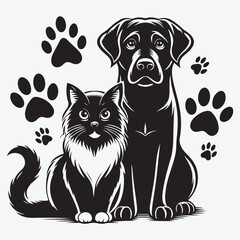 Black dog and cat paw prints on a white background stock illustration