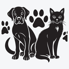 Black dog and cat paw prints on a white background stock illustration
