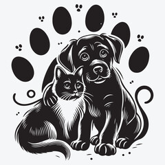 Black dog and cat paw prints on a white background stock illustration