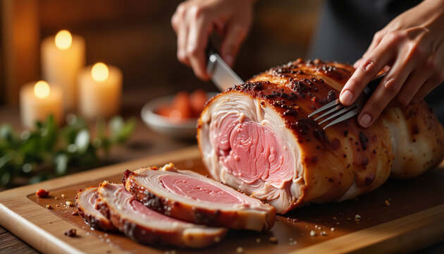 Slicing succulent roast in rustic cabin, warm culinary atmosphere