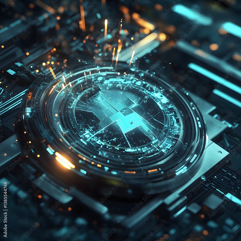 Poster futuristic quantum computing processor core with glowing data transfer