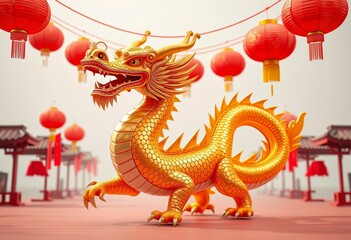 Fototapeta premium A majestic golden dragon, adorned with red lanterns, gracefully moves through an empty festive space, China, dragon
