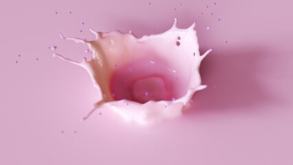 A vibrant splash of milk on a pink background, captured in stunning detail, shows artistic finesse