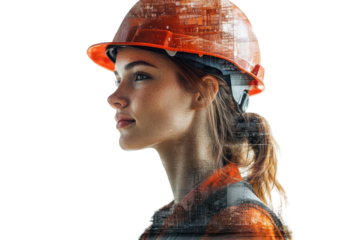 Woman Construction Worker Double Exposure Urban Scene isolated on transparent background