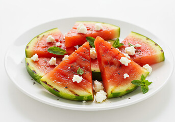 Grilled Watermelon Salad with Feta Cheese and Mint on White Plate