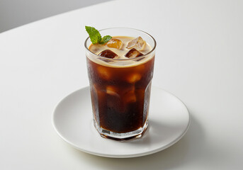 Iced Coffee with Mint in a Glass on White Background
