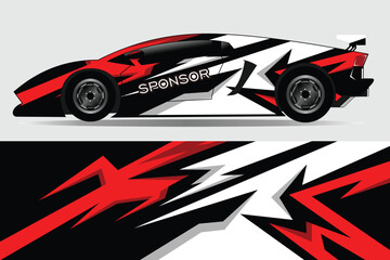Sleek race car design featuring bold red and black graphics, showcasing speed and modern aesthetics