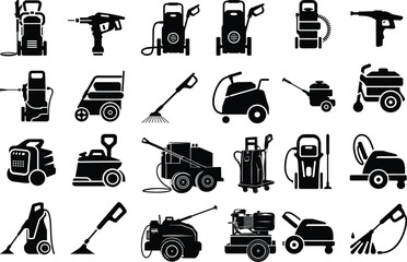 Pressure Washer Silhouette Set | High-Pressure Washer, Jet Washer, and Home Cleaning Tool Illustration Pressure Washer Silhouette Set | Cleaning Equipment, Power Washer, and Outdoor Tool Vector Collec