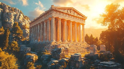 Obraz premium Ancient Temple Amidst Sunlight: A majestic ancient temple stands tall, its columns reaching for the sun. Sunrays cascade over the stone architecture, telling tales of history and cultural legacy.