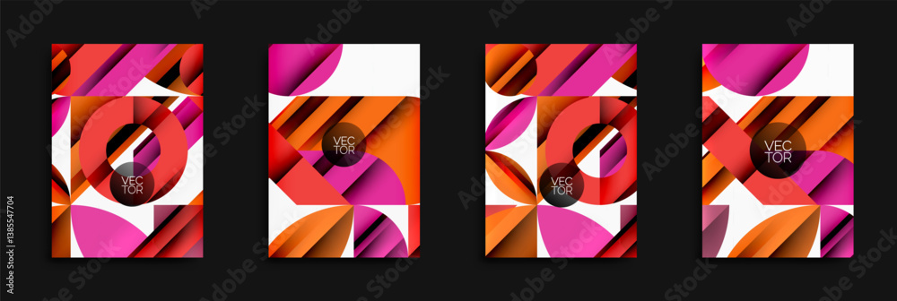 Poster four abstract designs feature overlapping circles, lines, vibrant colors. orange, pink, white domina