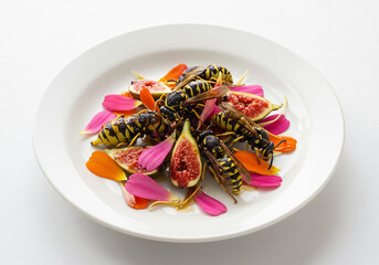 Overhead Shot of Wasps and Figs Dish with Colorful Petals on White Plate
