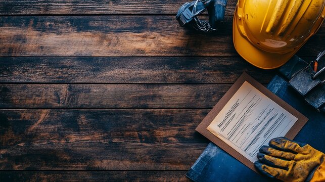 Welding certificate displayed on desk next to gloves and helmet in workshop environment