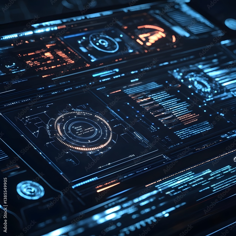 Poster futuristic digital interface with data streams and glowing circuits.