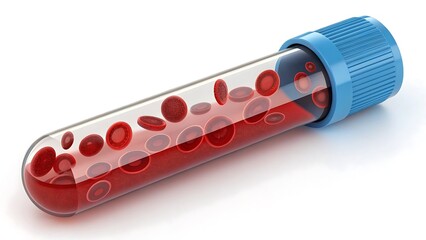 Medical test tube, blood sample, red blood cells, transparent glass, blue cap hematology