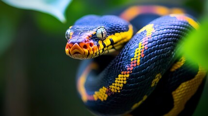 Fototapeta premium Colorful snake resting among green foliage, showcasing its vibrant patterns in a tropical habitat