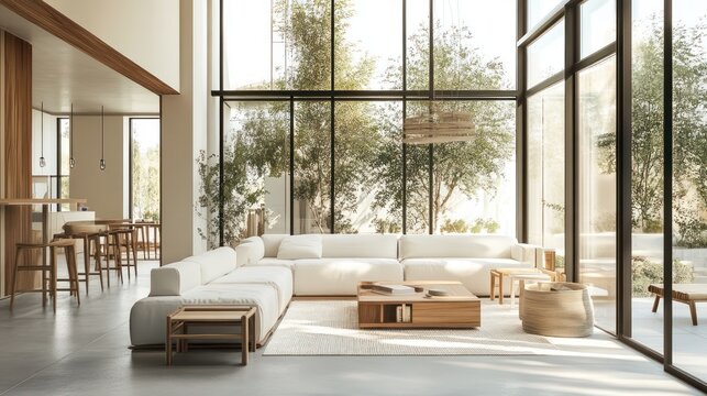 Modern Living Room with White Sofa and Large Windows