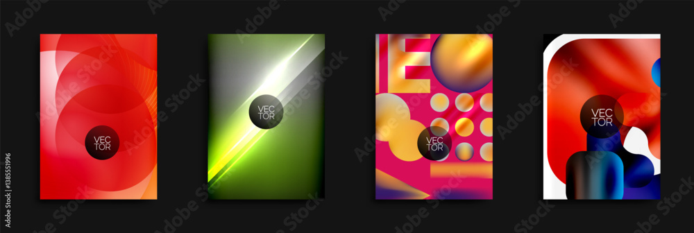 Poster Four abstract backgrounds. Vivid colors, geometric shapes, gradients present. Modern design elements, vector illustrations, dynamic compositions visible.