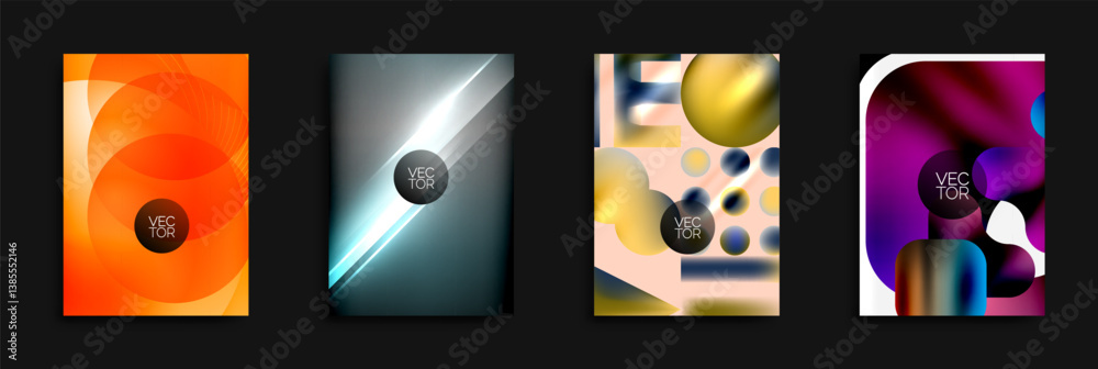 Poster four vibrant abstract designs. each features geometric shapes, gradients, dynamic color blends. mode