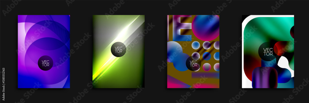 Poster Four vibrant abstract backgrounds. Designs feature overlapping circles, fluid shapes, bright gradients, dynamic compositions. Modern vector illustrations suitable for various projects.