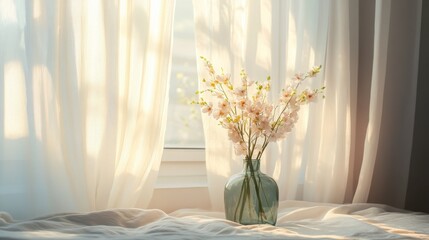 Breezy sheer curtains moving gracefully in a softly lit bedroom, a vase of flowers on the windowsill