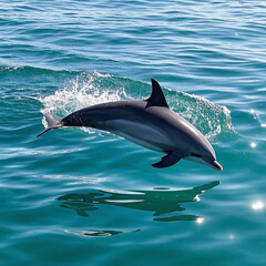 Fototapeta premium Playful dolphin leaping out of clear turquoise ocean water on a bright sunny day. 