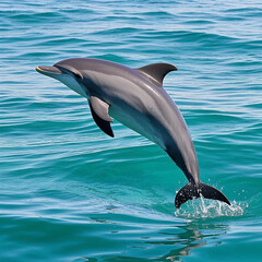 Fototapeta premium Playful dolphin leaping out of clear turquoise ocean water on a bright sunny day. 