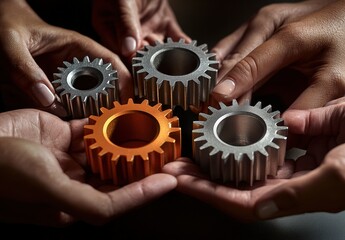 A group of people holding gears together. The gears are of different sizes and colors. Concept of teamwork and collaboration