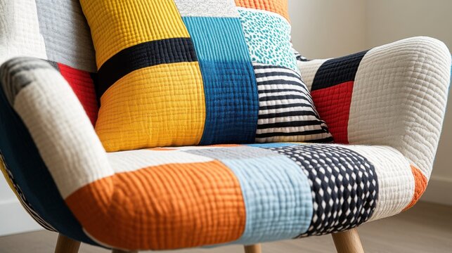 Colorful patchwork armchair in modern living room interior design inspiration cozy environment stylish viewpoint contemporary concept for home decor