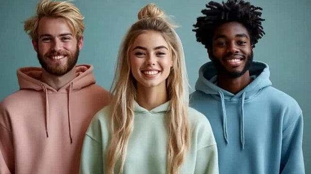 Young adults showcasing casual fashion in pastel hoodies against a simple backdrop