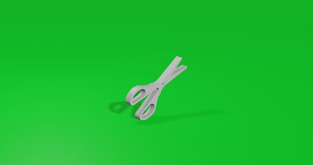 Isolated realistic white scissors symbol front view with shadow. 3d illustration on green chroma key background