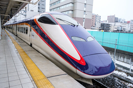 A JR E3 series train of Yamagata Shinkansen in Yamagata, JAPAN on MAR 5, 2025