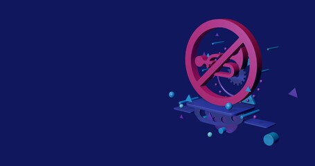 Pink horning prohibited sign on a pedestal of abstract geometric shapes floating in the air. Abstract concept art with flying shapes on the right. 3d illustration on indigo background