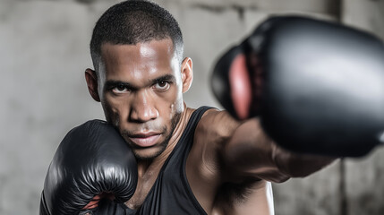 Focused young Black man boxing in training session