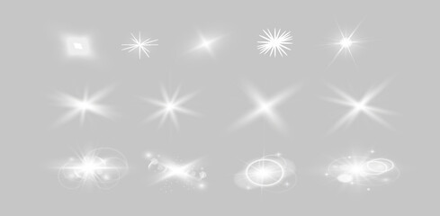 Set of flare light effects. White lens flares, stars, rays and sparkles. Special light effect design. Set of bright flares. Vector
