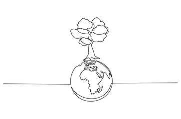 Continuous one line drawing of plant with earth. Single line drawing illustration of plant grow on the earth. Environmental greening concept vector art. Doodle line illustration.