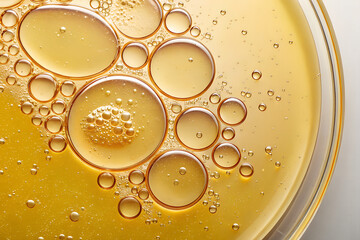 Close-Up View of Oily Facial Serum Drops in Petri Dish