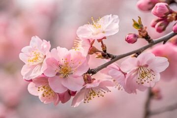 Obraz premium Close-Up of Pink Cherry Blossoms in Full Bloom with Delicate Petals