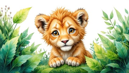 Cute lion cub in greenery
