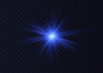 Blue star. Optical effect. Blue ray light. Effect of reflecting glare from the lens on dark background. Vector