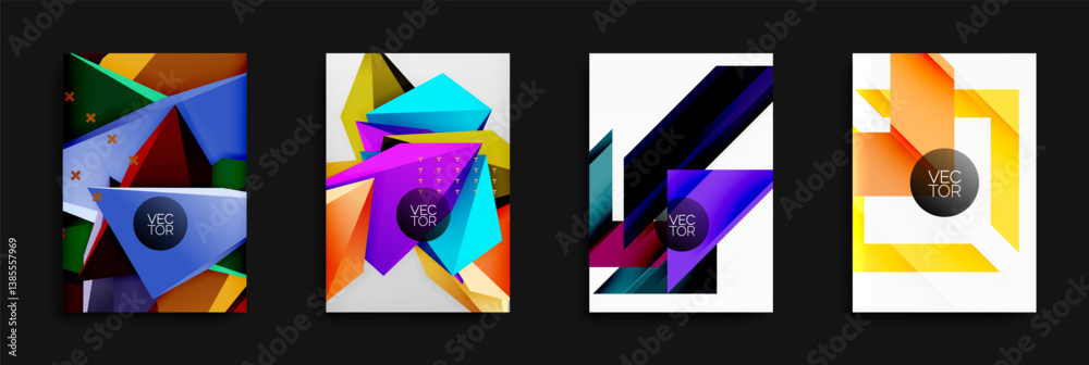 Fototapete Four vibrant abstract designs. Geometric shapes overlap, creating dynamic compositions. Bright colors dominate each square, with text elements present. Modern, stylish visuals.
