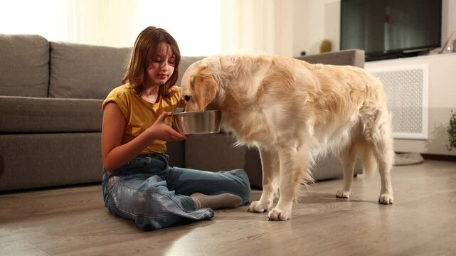 A teen girl sits on the floor in a welcoming living room, joyfully watching her golden retriever eat from a stainless steel bowl. The warm atmosphere invites companionship and happiness.