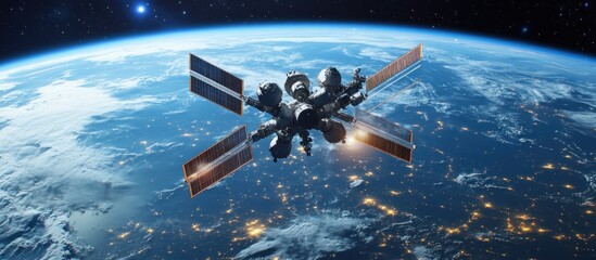 Obraz premium Space Station Orbiting Earth with City Lights and Stars