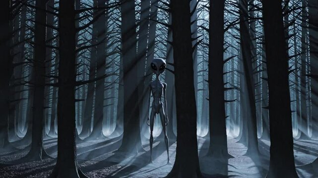 A mysterious alien figure stands among dark trees in a foggy forest. The scene is dimly lit, an eerie Halloween atmosphere. Shadows stretch across the ground, enhancing the suspense