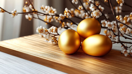 Golden Eggs on Wooden Surface with Spring Blossoms in Indoor Lighting