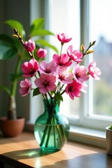 Colorful sakura blossoms in a vase on a modern table top, greenery, arrangement