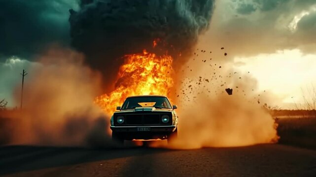 Explosive car stunt takes place during dramatic stormy weather